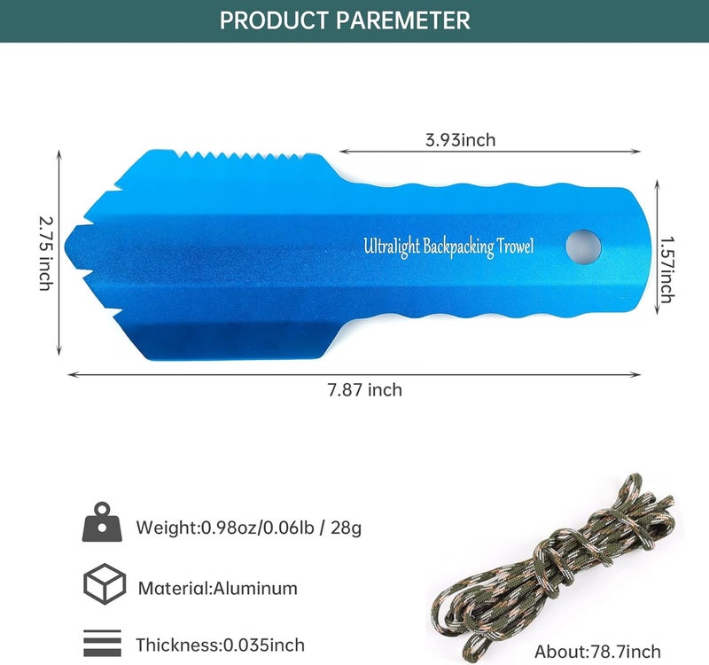 Valken Ultralight Camping Trowel Backpacking Trowel Portable Aluminum Camping Shovel Small Potty Spade Hiking Trowel Garden Trowel with Longer Handle(Blue) - Image 2